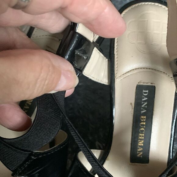 Dana Buckman Size 6 Black Patent Leather Slingback wedge sandals - Picture 8 of 10